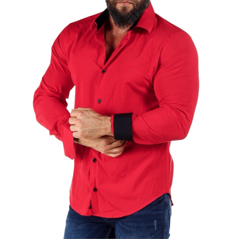 Bespoke Red Casual Button Down‎ Shirt with Black Accents Sz XL
